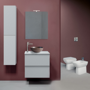 COMPOSIZIONE SWEET60 BIANCO LUCIDO CON LAVABO AD APPOGGIO, SANITARI SET-3 E RUBINETTERIA SMILE